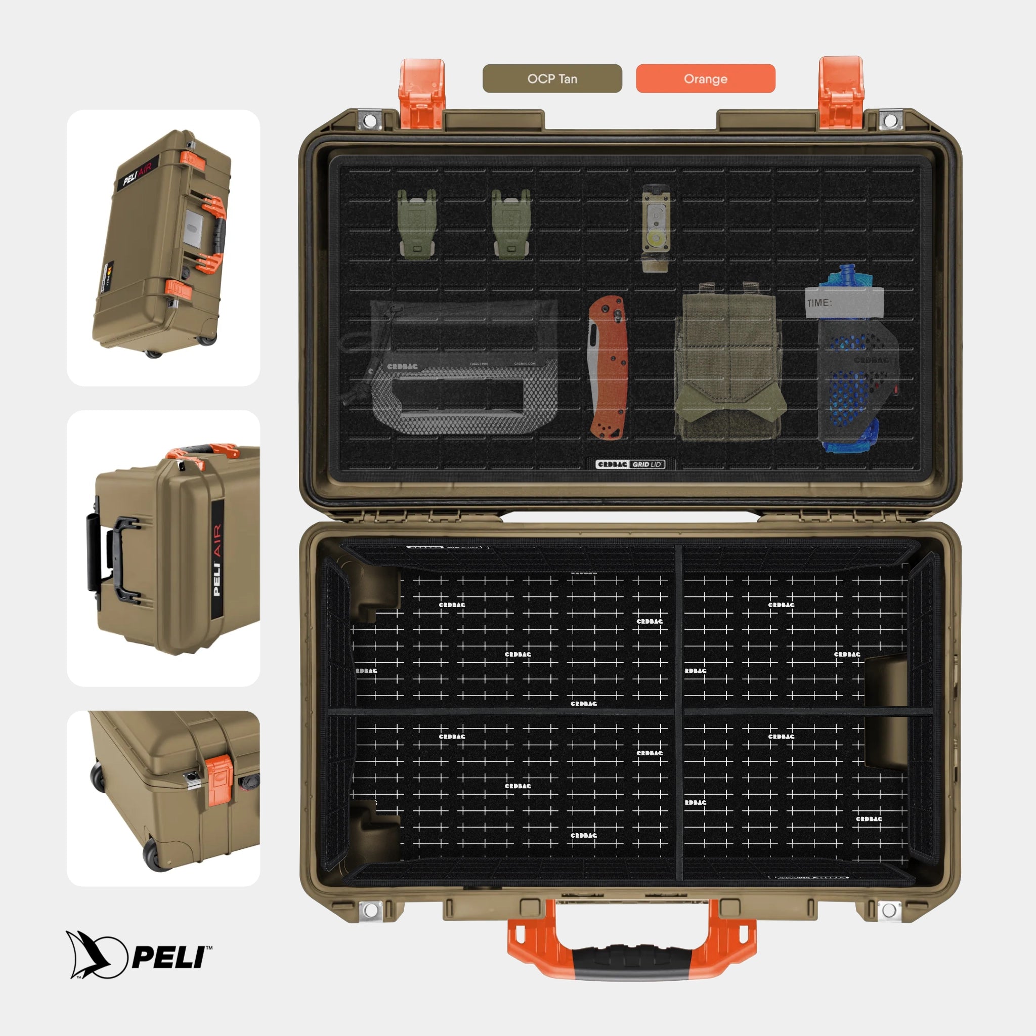 Peli 1535 Air case OCP Tan Orange with CRDBAG MOLLE Panel GRID-LID organizer and GRID-DIVIDE divider system