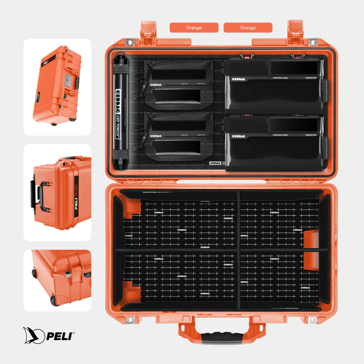Peli 1535 Air case Orange with CRDBAG MOLLE Panel GRID-LID organizer and GRID-DIVIDE divider system